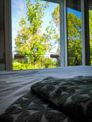 A bedroom with a large window, a bed with a patterned blanket, and a view of trees and a fence outside. - Charming family home in Réalmont—near Albi (UNESCO) (Réalmont)