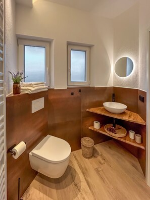 A modern bathroom with a toilet, sink, and two windows. - House Meerten (Neroth)