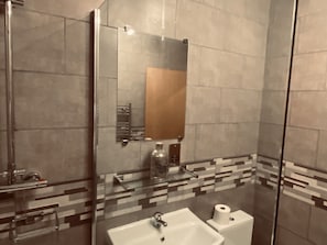 A modern bathroom with a glass shower enclosure, a sink with a mirror, and a toilet.