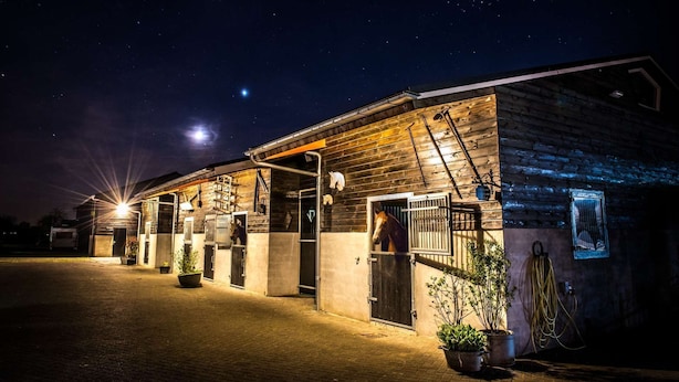 A stable with multiple stalls, a covered area, and potted plants. - Lamperse hei (Wanroij)