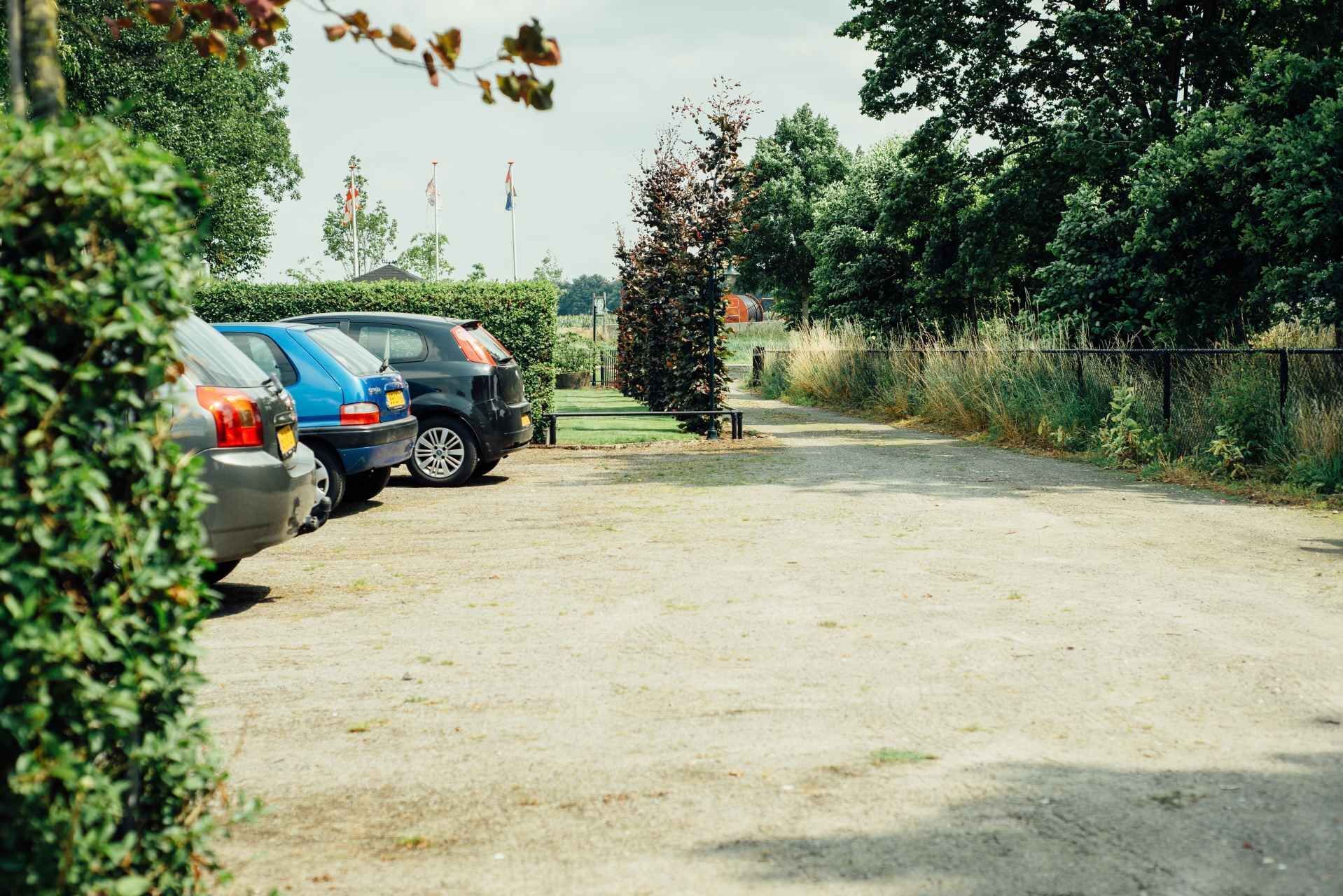 Un estacionamiento con coches aparcados al borde de una carretera, rodeado de vegetación y una valla.