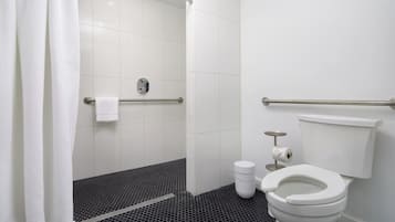 Shower, designer toiletries, hair dryer, slippers