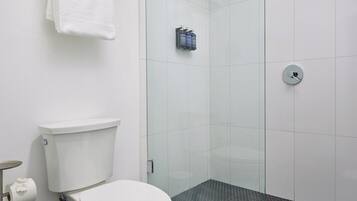 Shower, designer toiletries, hair dryer, slippers