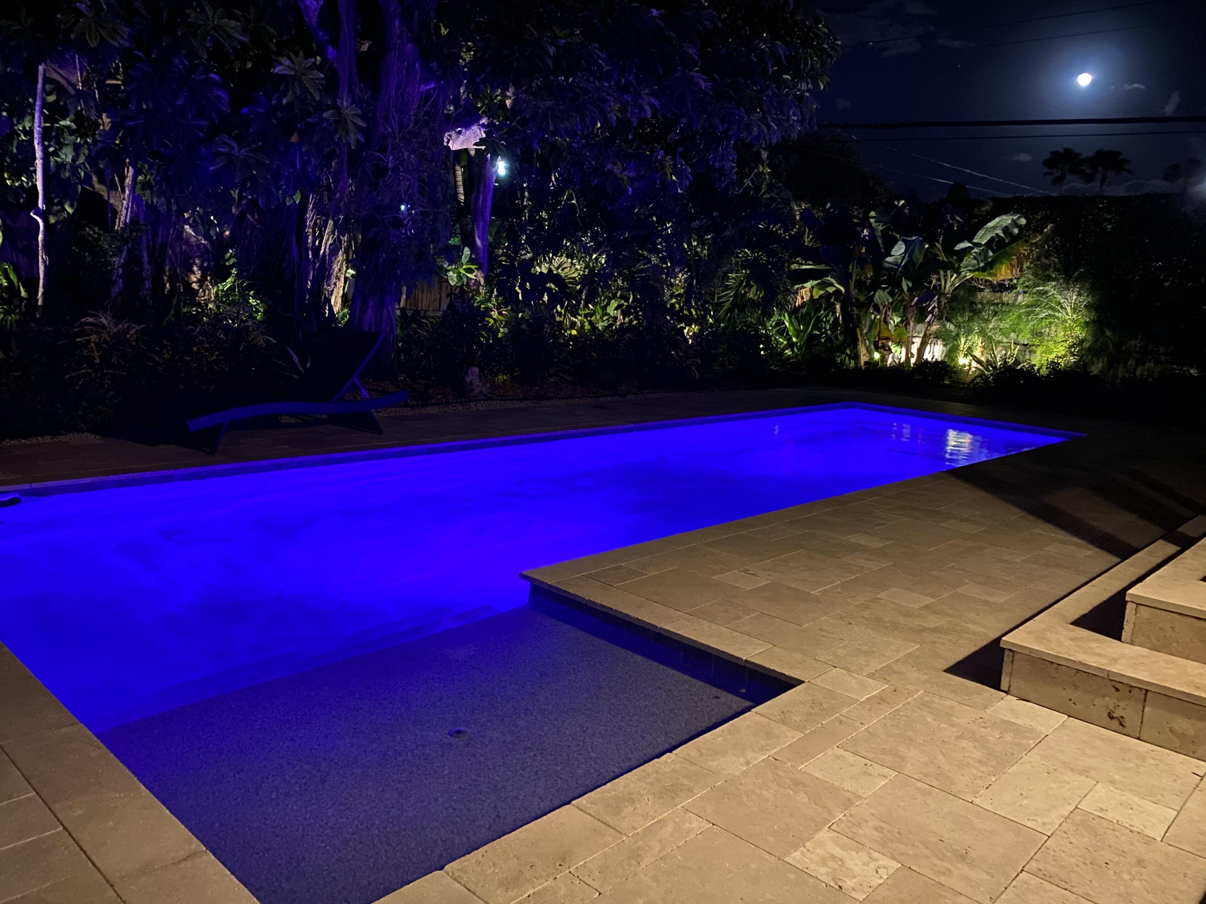 A rectangular swimming pool with a blue-lit interior, surrounded by a stone deck and lush vegetation.