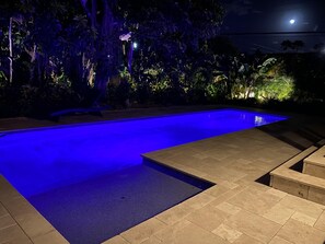 Una piscina rettangolare con illuminazione blu, circondata da un solarium in pietra e vegetazione lussureggiante.