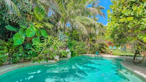 Una piscina rodeada de exuberante vegetación tropical y un cielo azul despejado.