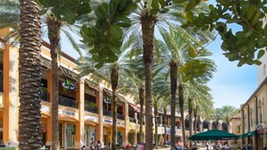 A pedestrian street lined with palm trees and buildings with balconies. - Nini's Cottage 4bd 3ba Vacation Rental (West Palm Beach)