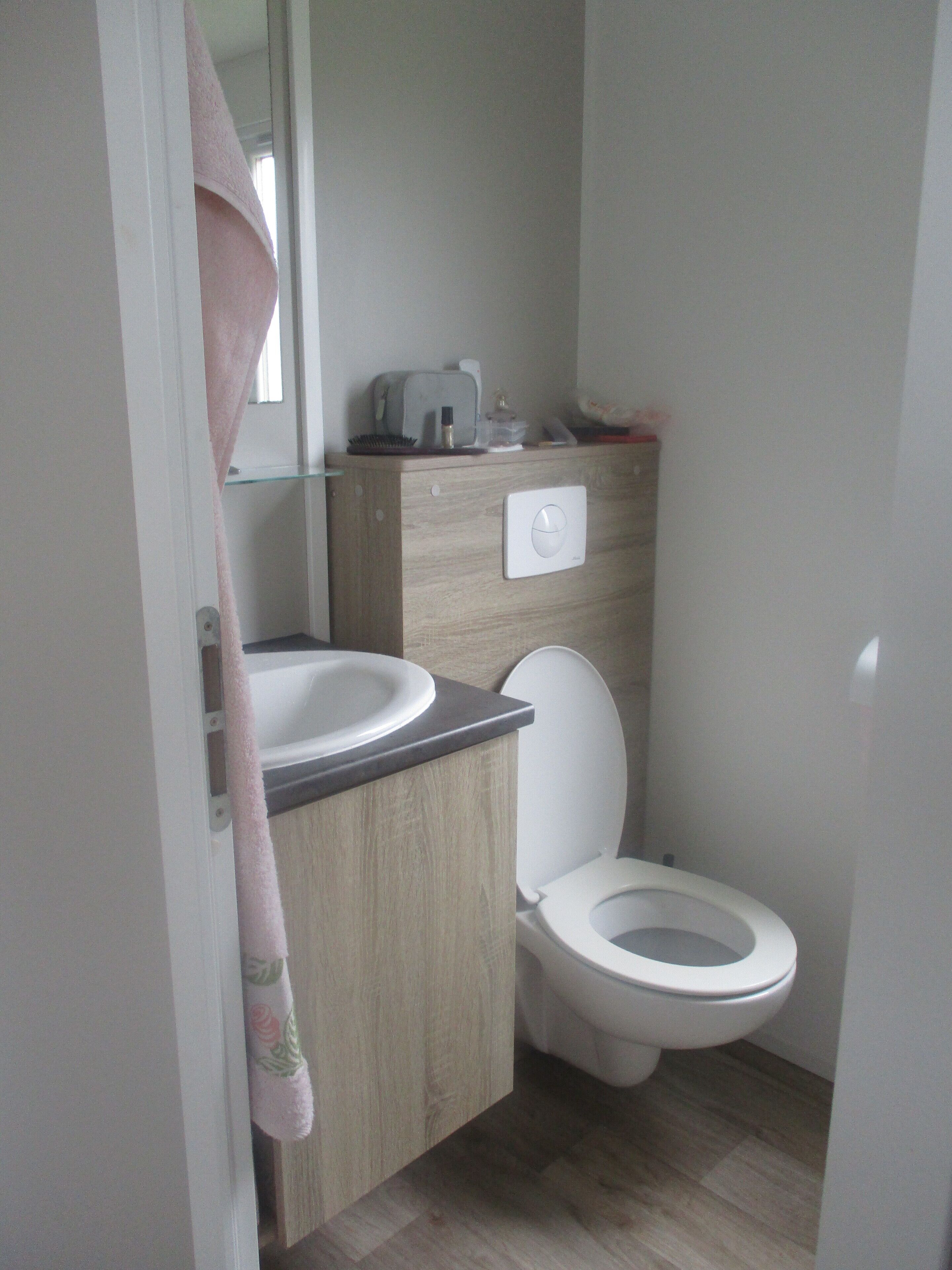 Un baño con inodoro, lavabo y espejo.
