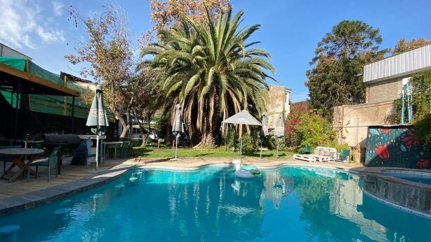 Una piscina con una palmera y zona de estar al aire libre.