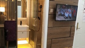 Une salle de bain moderne avec une douche en verre, un lavabo et un miroir. Un téléviseur est fixé au mur, et on aperçoit un lit au premier plan.