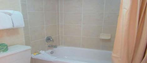 A bathroom with a toilet, a bathtub, and a shower.