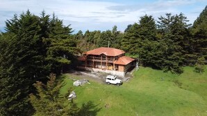 A cabin with a red roof, surrounded by dense forest, and a white vehicle parked in front.