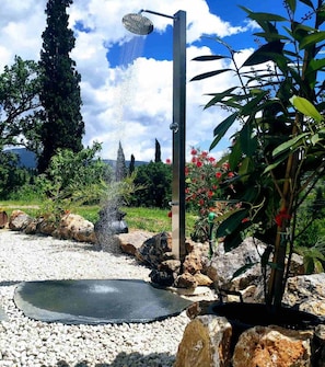 Un jardin agrémenté d’un élément aquatique, notamment une fontaine et une douche à pluie.