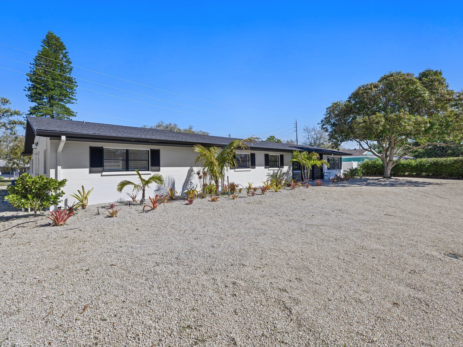 A single-story building with a white exterior and dark roof, surrounded by gravel and various plants.