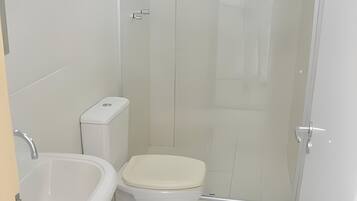 Shower, towels, soap, toilet paper