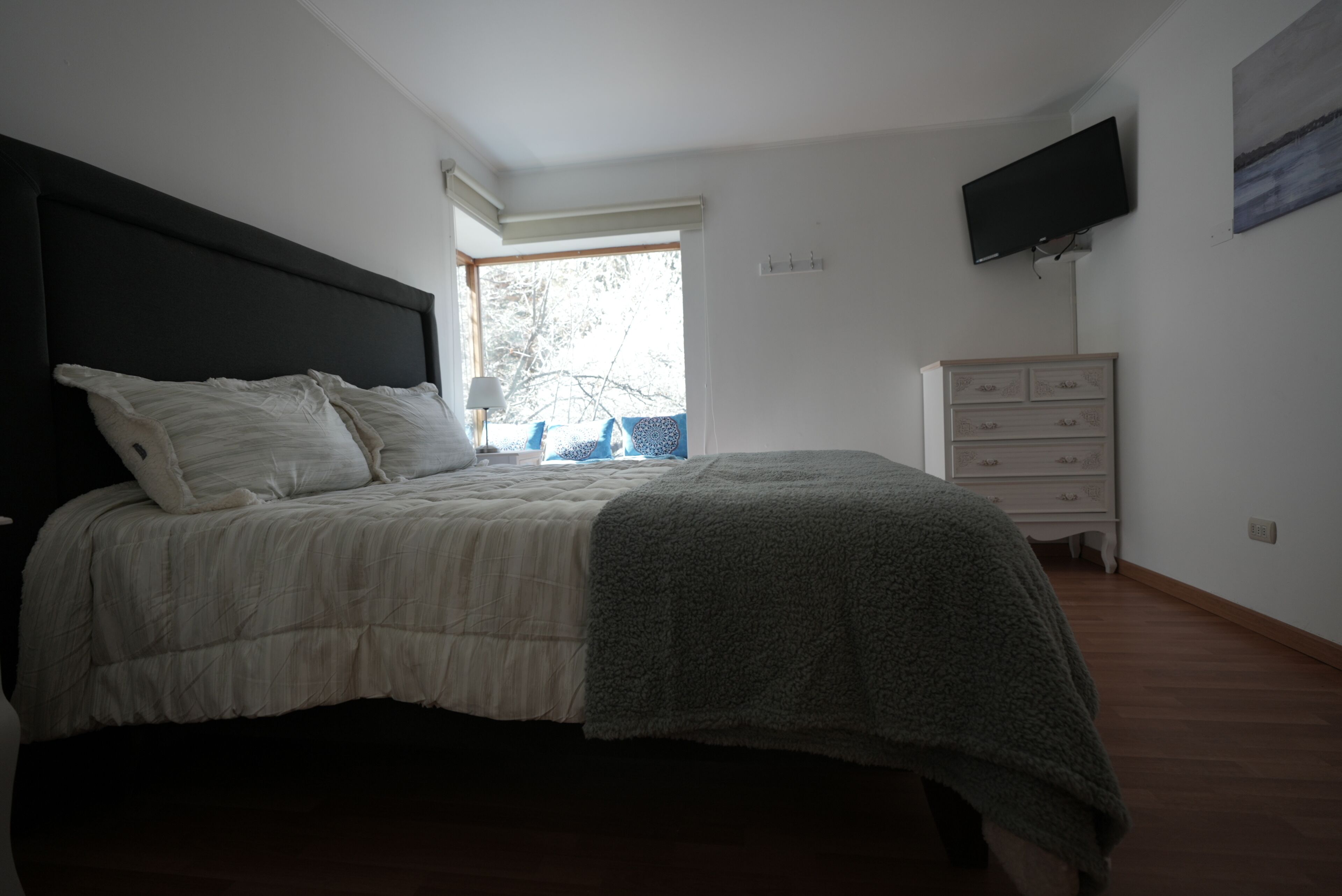 Un dormitorio con cama, cómoda, televisor y ventana.