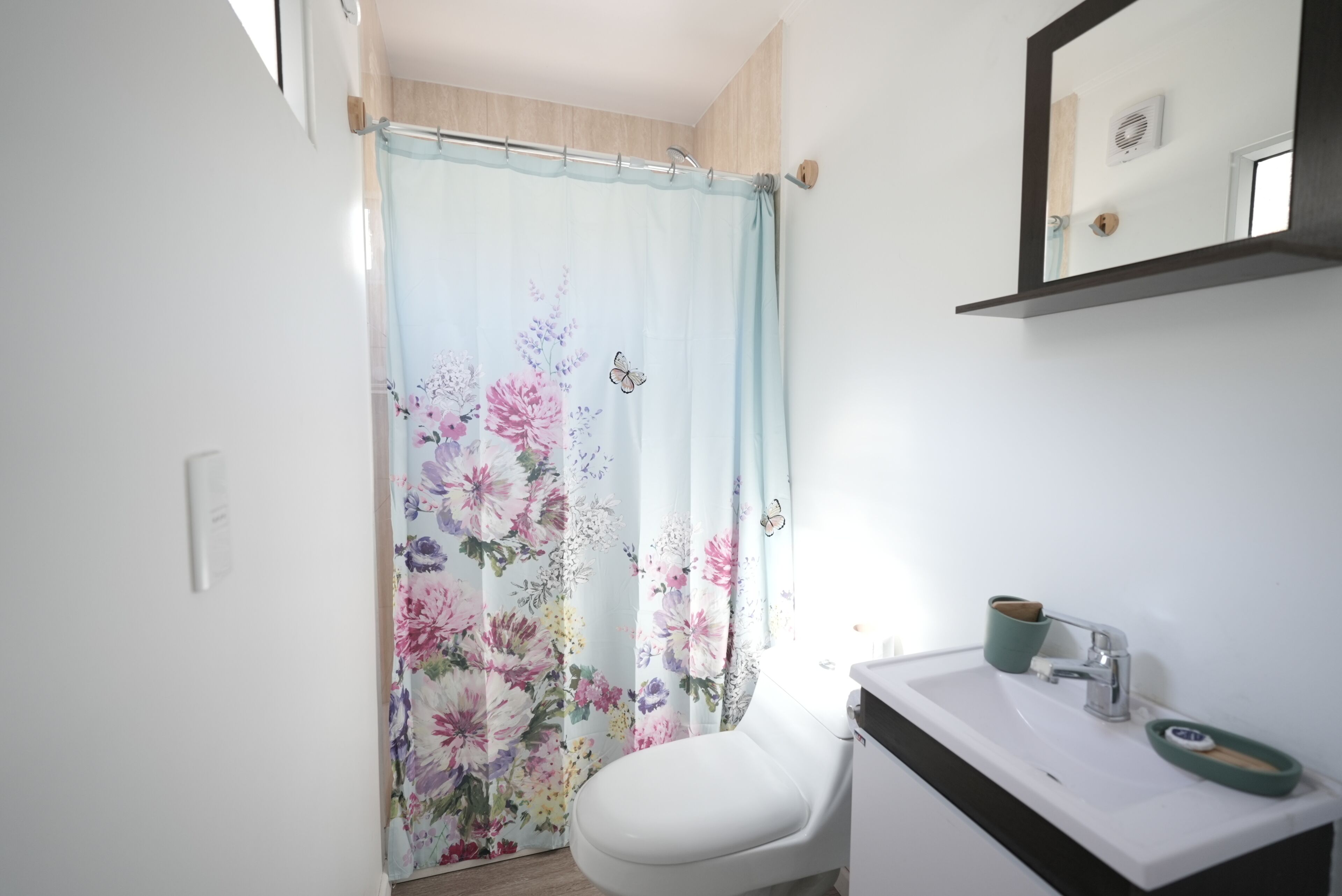 A bathroom with a toilet, sink, and shower curtain.
