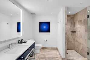 Hair dryer, towels, soap, toilet paper