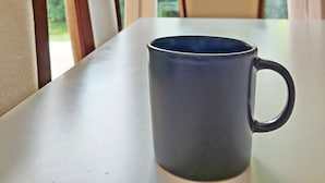 A table with a dark mug in the foreground and a view of a house and tree through a window. - ROSE valley -modern rooms and apartments (Ljubljana)