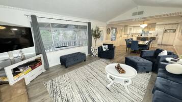 Smart TV, fireplace, books, stereo