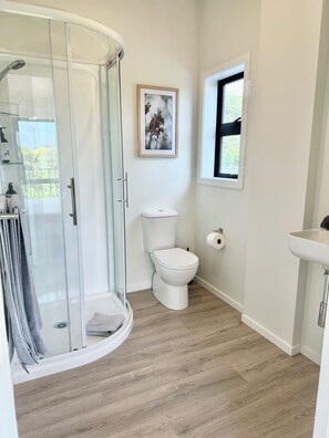 Shower, eco-friendly toiletries, hair dryer, towels