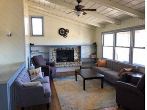Smart TV, fireplace, video games, DVD player
