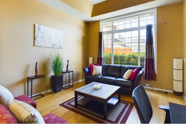 Smart TV, fireplace, books