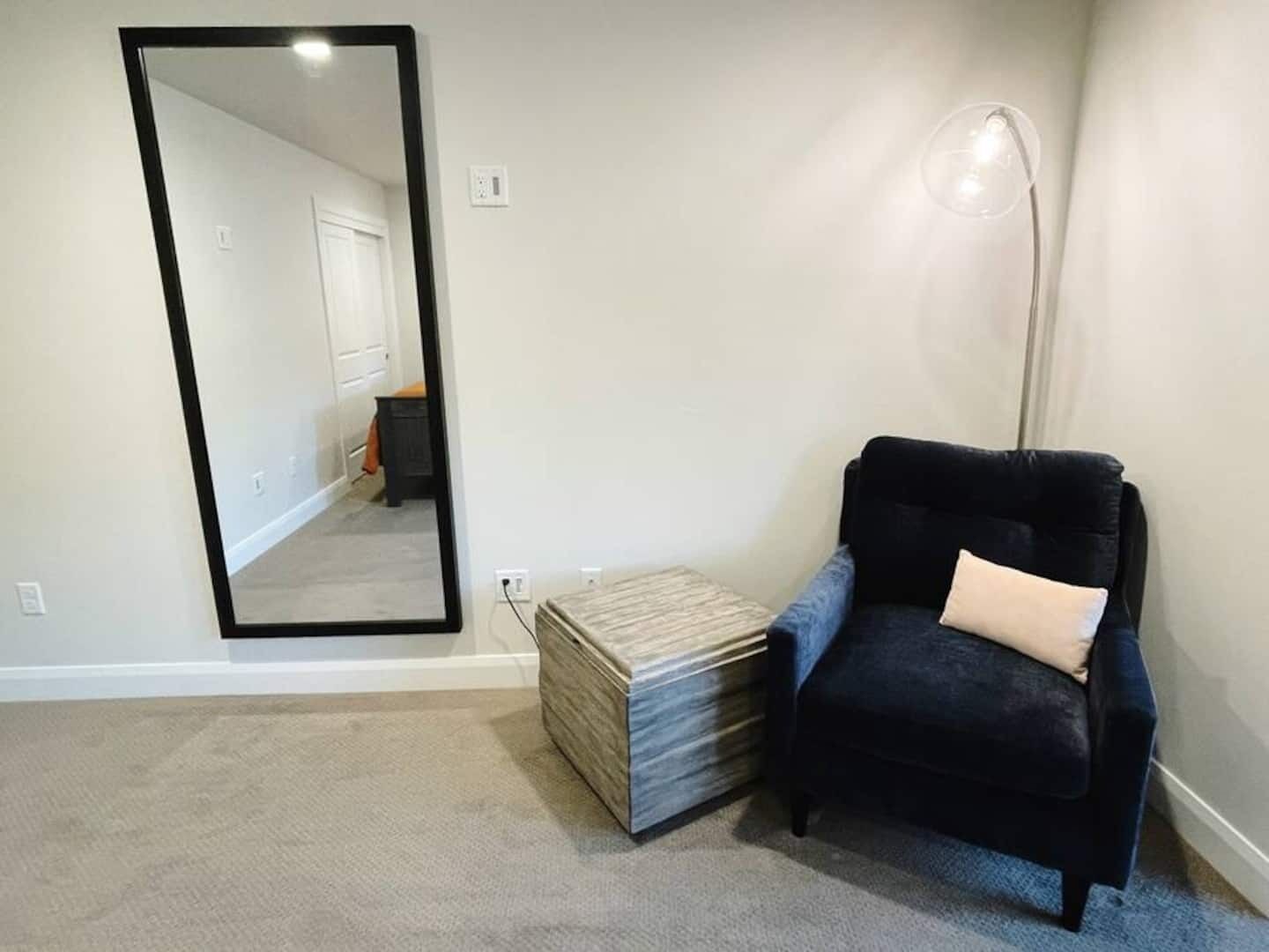 A room with a large mirror, a dark armchair with a cushion, a floor lamp, and a small stack of books or magazines.