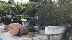 A stone pathway leading to a pool area with potted plants and a large terracotta pot. - Gemütliche Ferienwohnung, Ideal für 2 Personen, Große Terrasse und Swimming-pool (Arles)