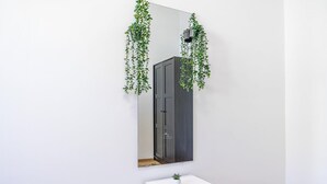 A mirror with a door reflection, a white cabinet with a plant, and a hanging plant.