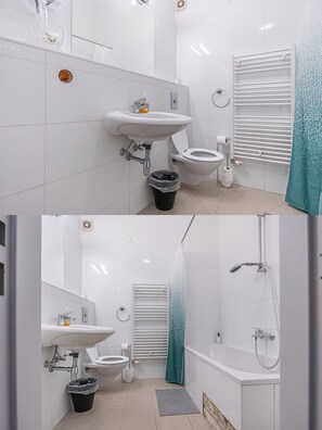 Hair dryer, towels, soap, shampoo