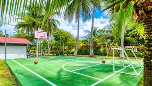 An outdoor basketball court surrounded by palm trees and greenery. - Studio 1 for four to five guests (Parrita)