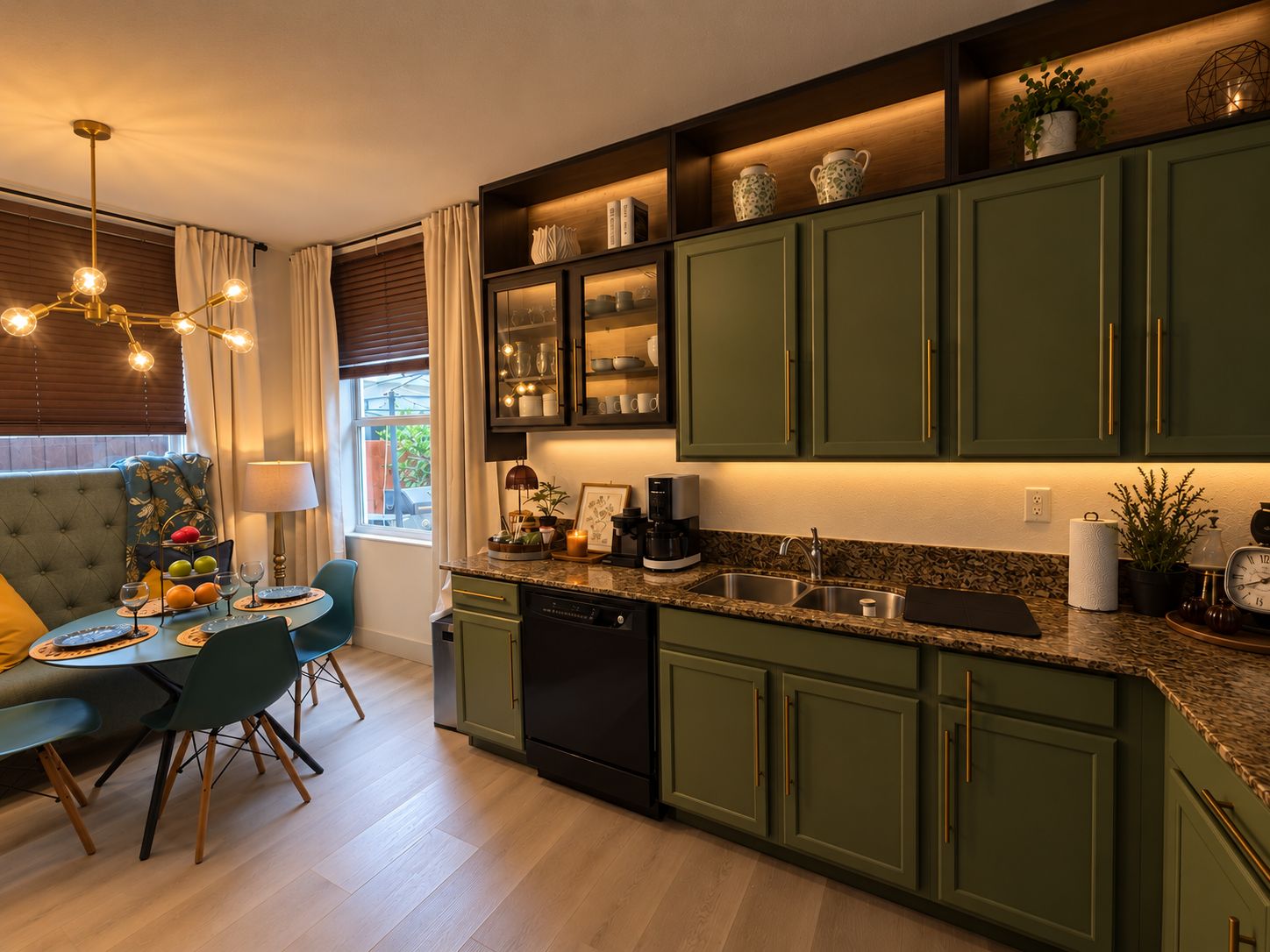A modern kitchen with green cabinets, a built-in oven, and a dining area with a sofa and chairs.