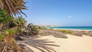 A beach with palm trees, a clear sky, and a distant view of a coastal town. - Vacation Apartment 'Casa Weimar' with Private Terrace and Wi-Fi (Costa Calma)