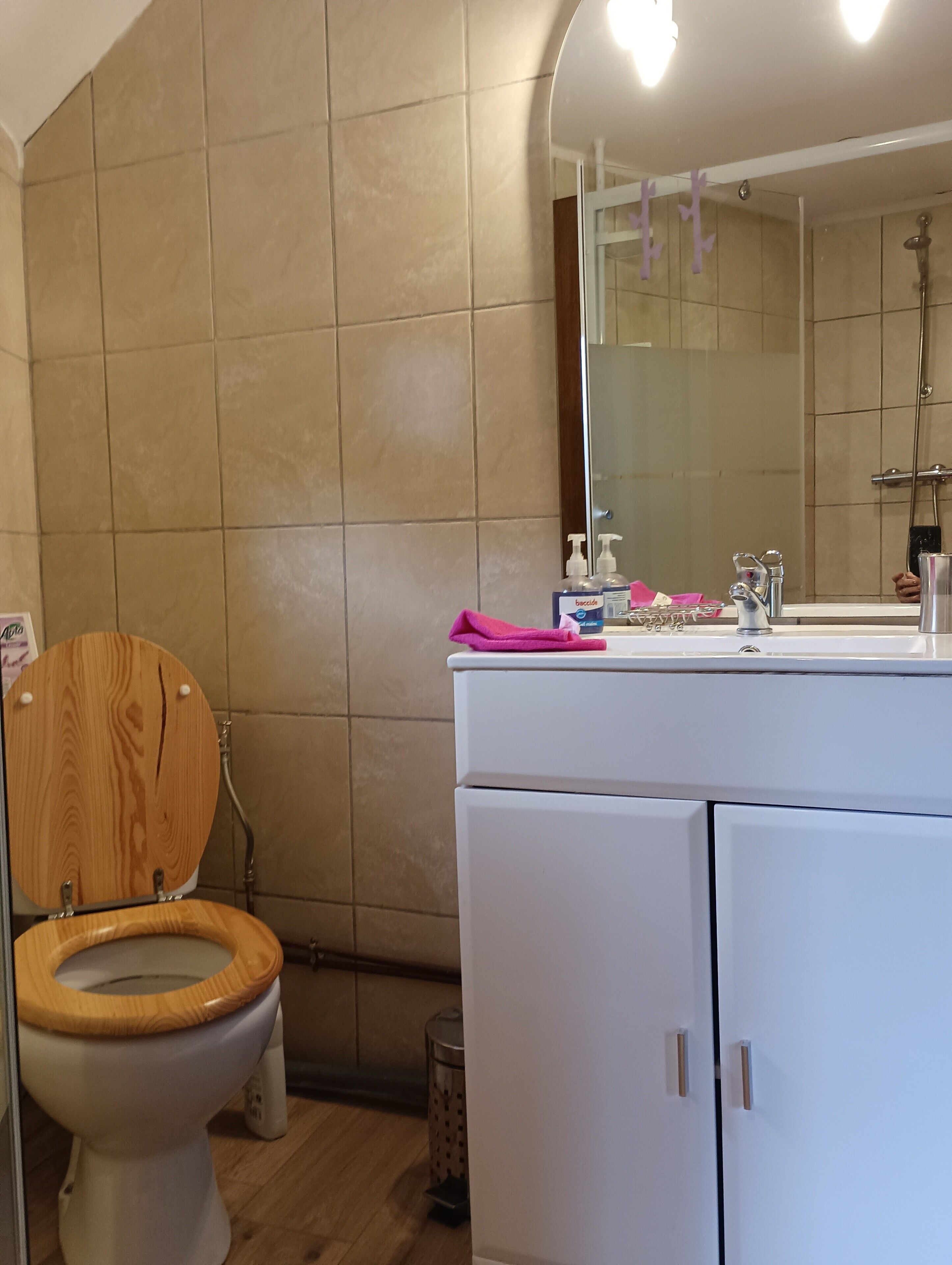 A bathroom with a toilet, sink, mirror, and shower.