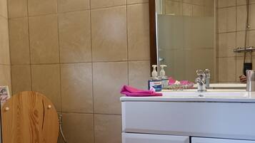 A bathroom with a toilet, sink, mirror, and shower.
