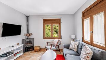 Una televisión, una chimenea