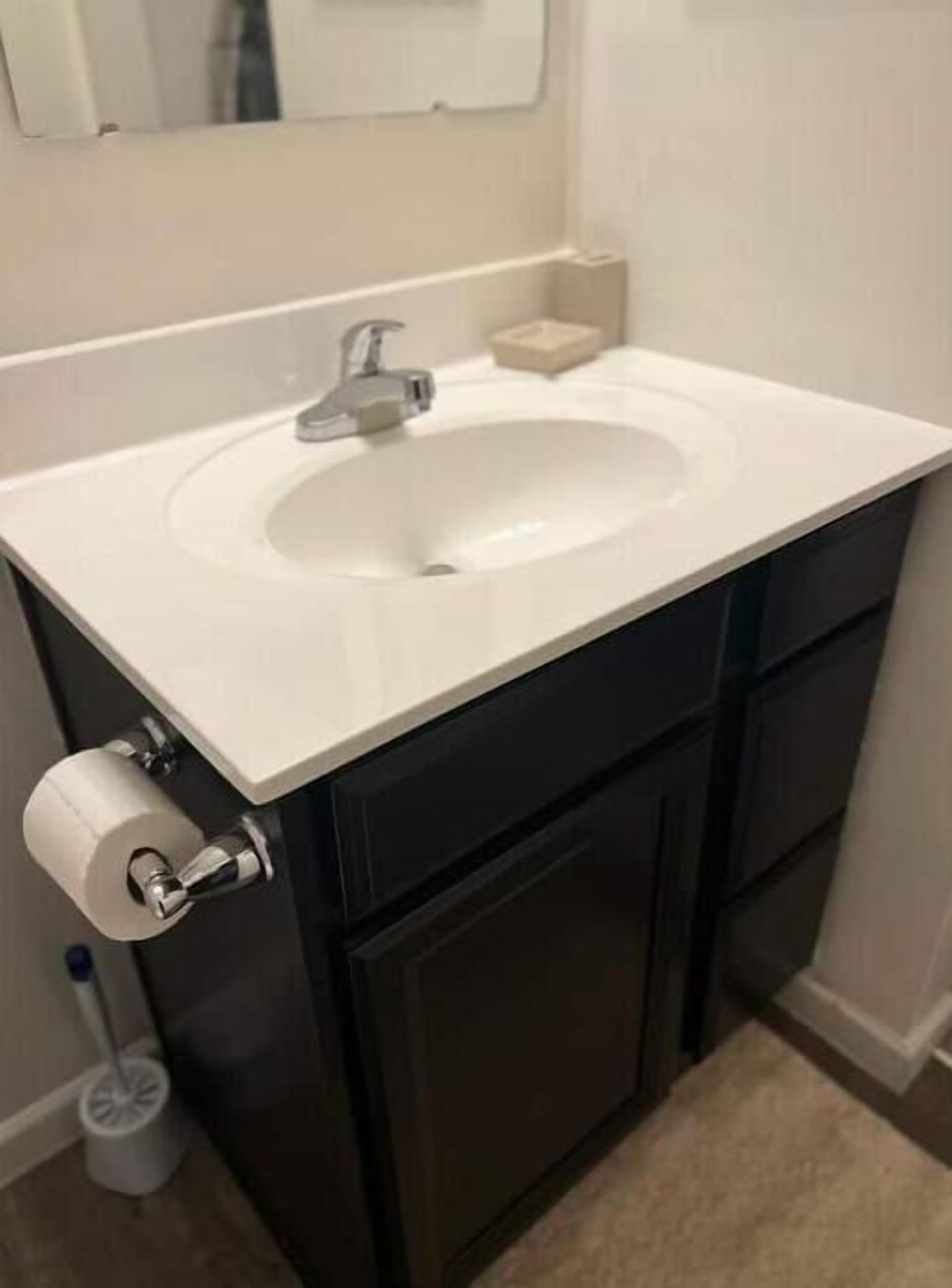 A bathroom with a white sink, dark cabinets, and a toilet paper holder.