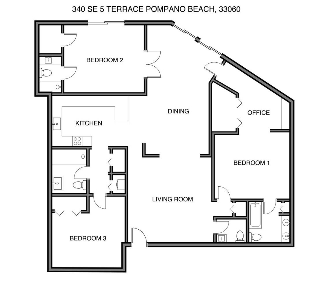 Een plattegrond van een appartement aan 340 SE 5 TERRACE POMPANO BEACH, 33060 met drie slaapkamers, een keuken, een eetruimte, een woonkamer, een kantoor en een terras.