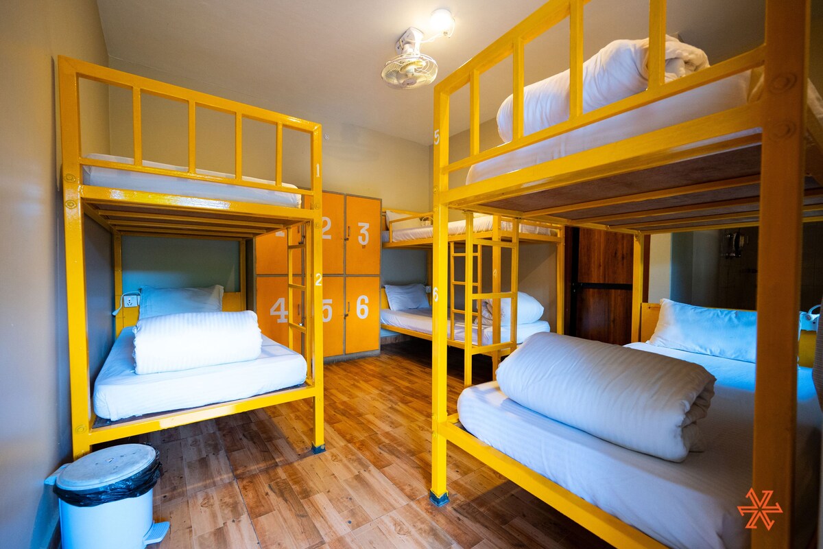 A dormitory-style room with bunk beds, wooden flooring, and a ceiling fan.