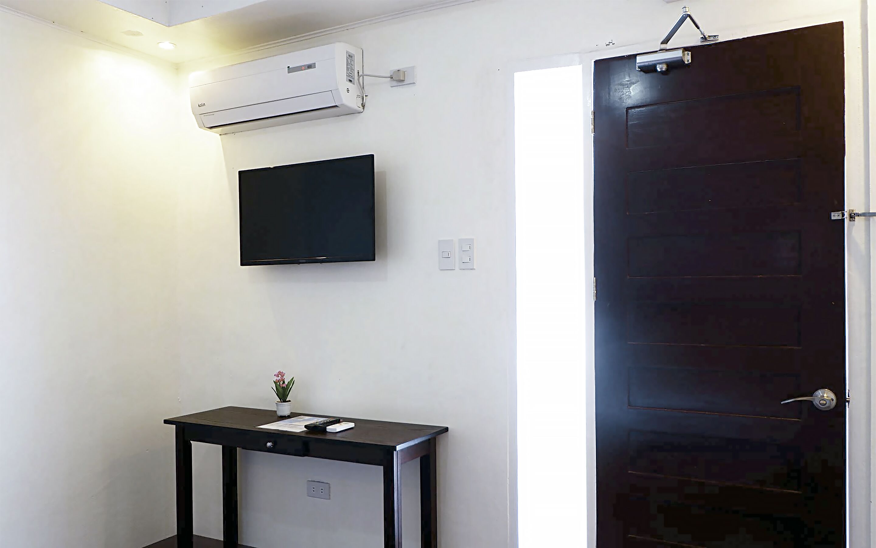 A room with a dark wooden door, a mounted TV, a small table with a plant, and an air conditioning unit on the wall.