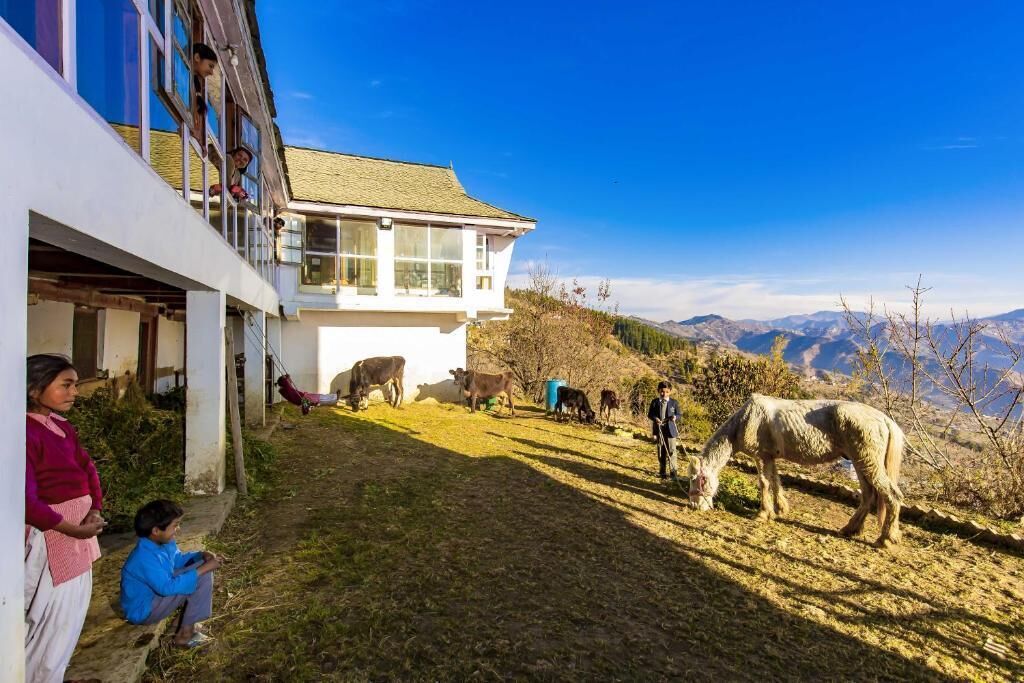 A building with a balcony overlooking a grassy area with cows and a horse.