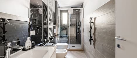 Shower, hair dryer, bidet, towels