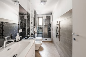 Regadera, secadora de cabello, bidet, toallas