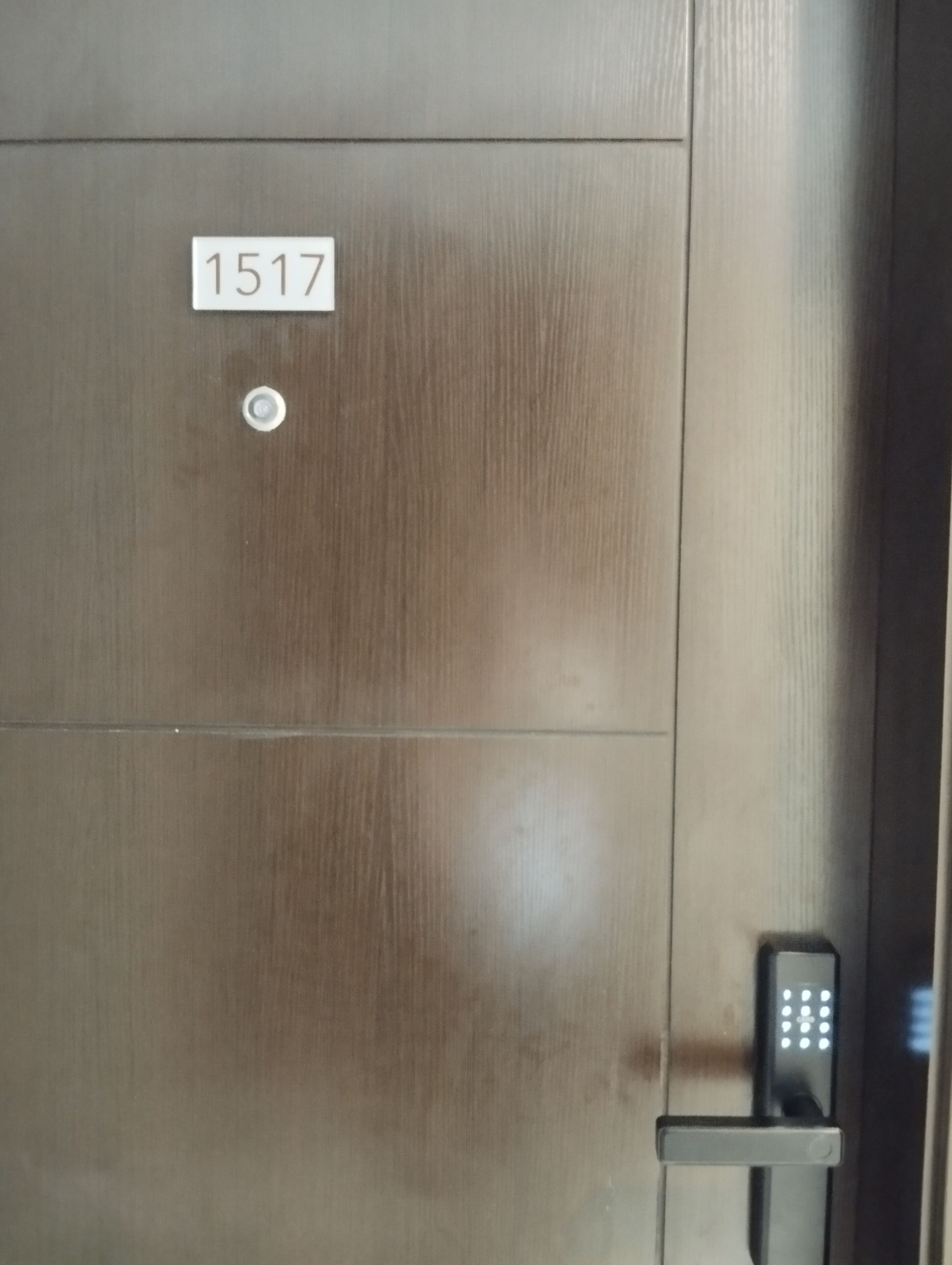 Une porte avec une plaque portant le numéro « 1517 » et un trou de serrure.
