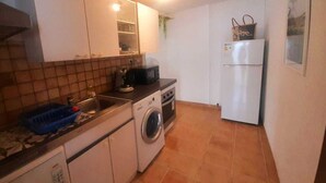 A compact kitchen with white cabinets, a washing machine, a microwave, and a refrigerator. - Gite du Pavé (Saint-Paul)