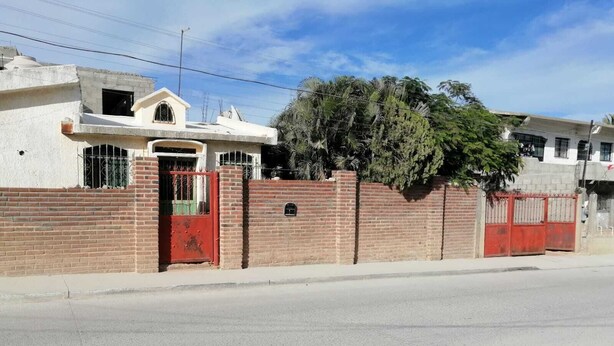 Un edificio residenziale con un cancello rosso, pareti in mattoni e un grande albero di fronte.