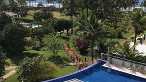 Piscina con vista al océano y palmeras.