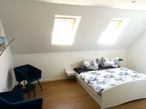 A bedroom with a bed, two skylights, a chair, and a nightstand.