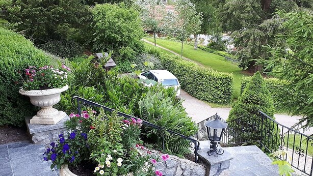 A stone staircase with a railing, surrounded by lush greenery and flowering plants. - Haus Kurparkblick – Wehratal Apartment with Private Terrace and Wi-Fi (Todtmoos)